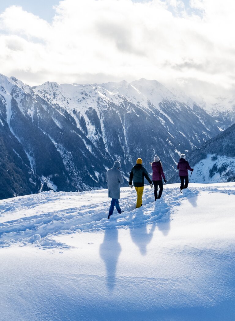Vier Personen wandern durch frischen Pulverschnee mit Blick auf verschneite Berggipfel und winterliche Alpenlandschaft. | © Winterwanderbilder (c) Gerald Oberreiter