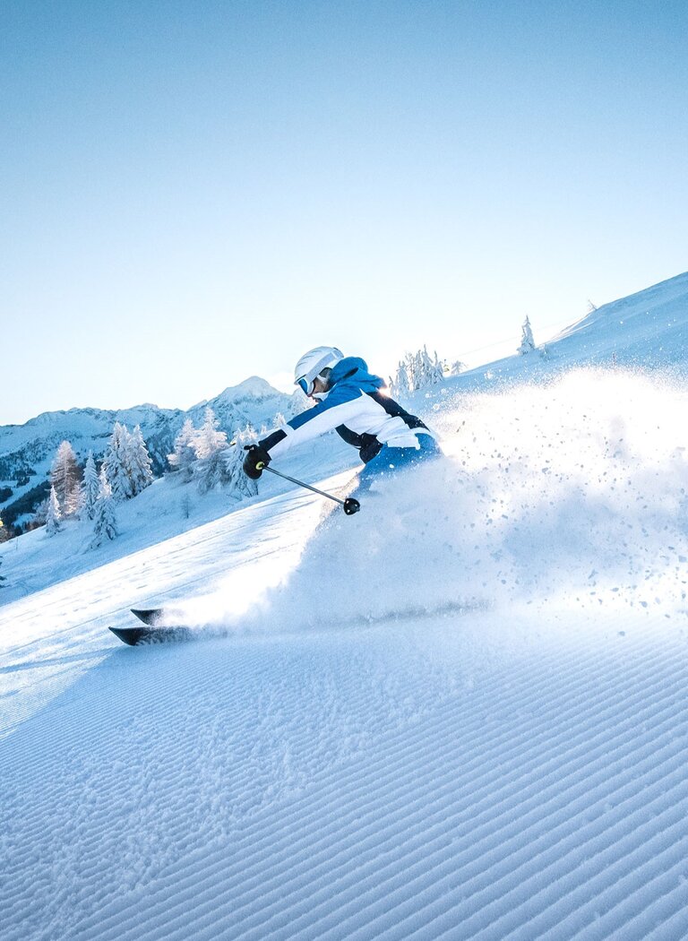A skier carves on a sunny slope in Ski amadé, spraying fresh powder snow into the air with forest and mountains in the background. | © Ski amadé GmbH